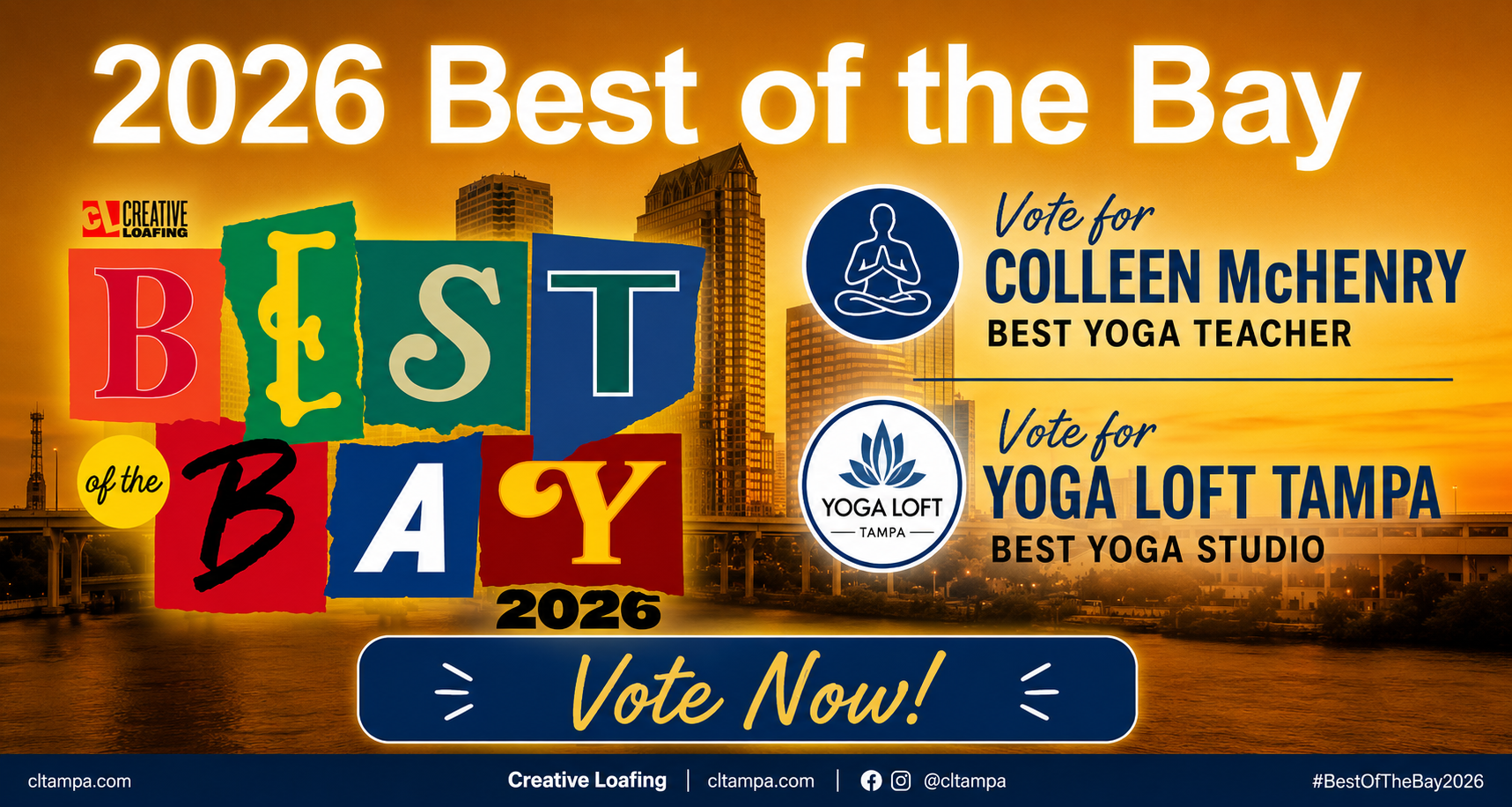 Vote for Colleen McHenry as Best Yoga Teacher and Yoga Loft Tampa as Best Yoga Studio in the 2026 Best of the Bay competition.